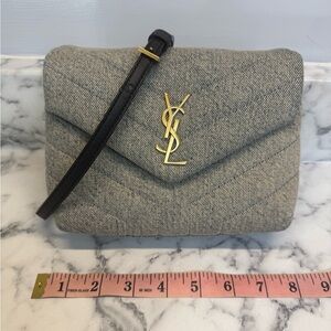Saint Laurent Denim Quilted Toy Loulou Crossbody Bag Grey